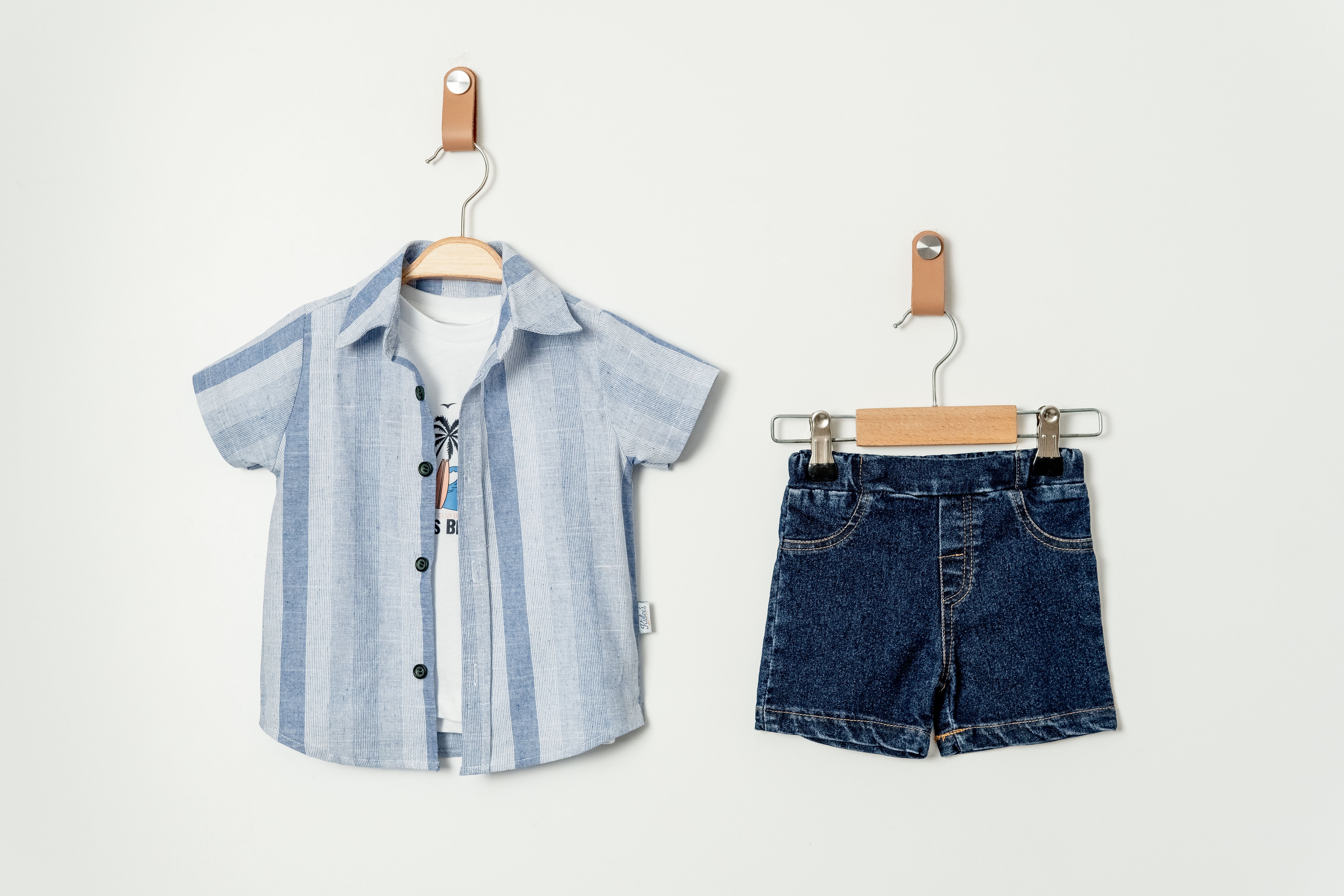 Erkek Bebek Yazlık Palms Beach Gömlekli Denim Şort Takım 3’lü Kombin 9-24 Ay